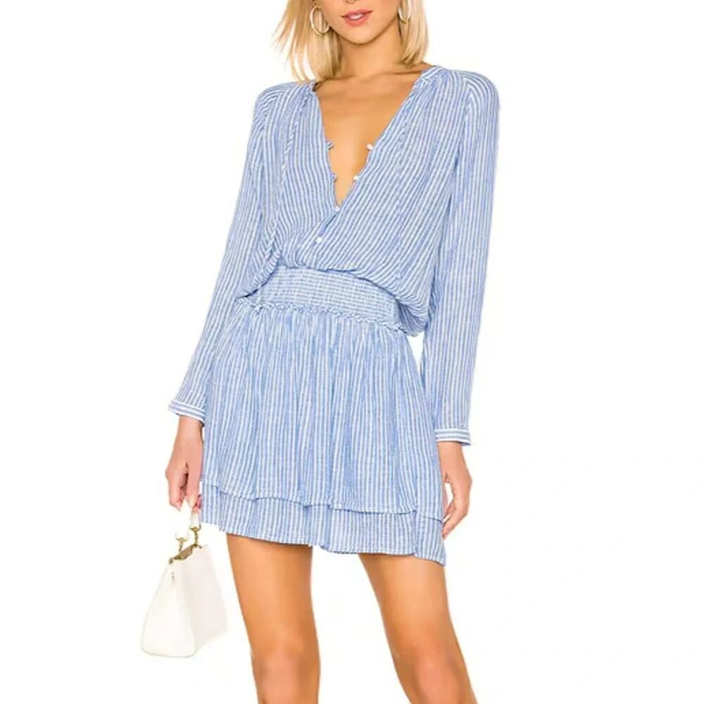 Rails Jasmine Azure Stripe Dress Size Medium Blue Linen Blend VNeck Tiered Skirt